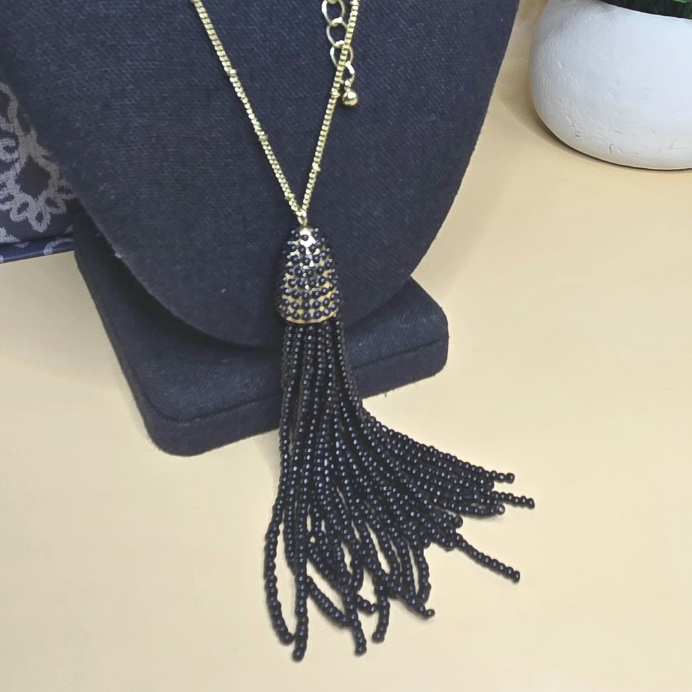 Charming Charlie Black and Gold Beaded Tassel Necklace